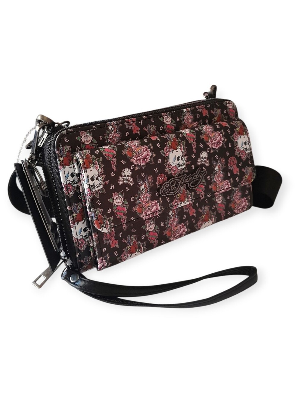 ED HARDY Floral Skull Print 3-in-1 Crossbody Wallet With Flower Charm